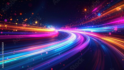 Digital rendering of flowing multicolored light trails, conveying speed and movement