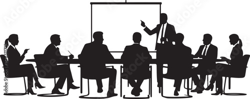 Silhouette of people in a business meeting with a presenter and a whiteboard