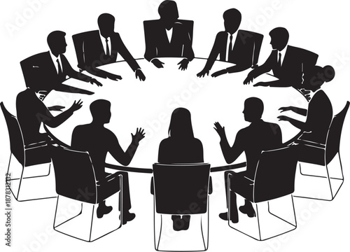 Silhouette of people sitting around a round table in a meeting