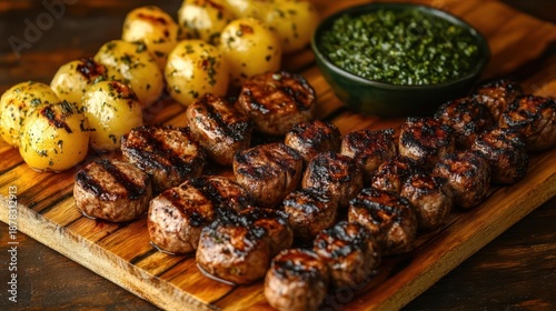 Grilled Round Beef Patties With Small Golden Potatoes And Fresh Green Herb Sauce Served On A Wooden Cutting Board With A Rustic Background