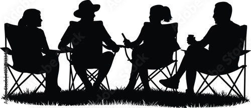Friends sitting camping chairs silhouette outdoor leisure relaxation social gathering summer vacation nature picnic lifestyle people conversation coffee black vector