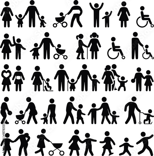 Family diversity silhouette icons set showing parents children seniors wheelchair users caregiving parenting inclusion community relationships modern flat vector illustration
