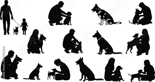 People and dogs silhouettes showing pet care, training, walking, bonding moments, family companionship, animal love, black vector illustration isolated background