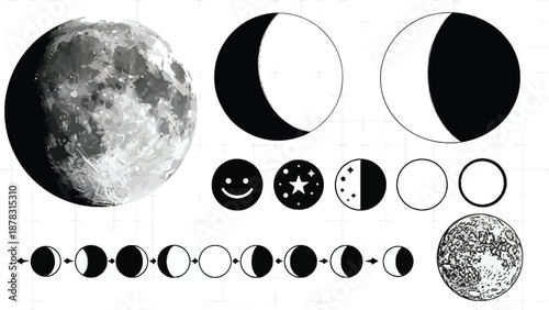 Moon phases illustration with lunar cycle and celestial elements