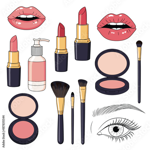 Essential makeup collection featuring lipsticks, brushes, powder compacts, a lotion bottle, and a detailed eye illustration.