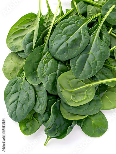 Fresh pile of organic baby spinach leaves on a clean white background