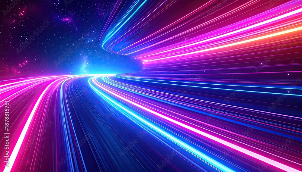 Obraz premium Abstract display of glowing neon light streaks curving towards a starry sky