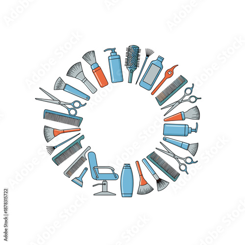 Comprehensive circular frame of professional hairdressing tools and beauty products, featuring a salon chair.
