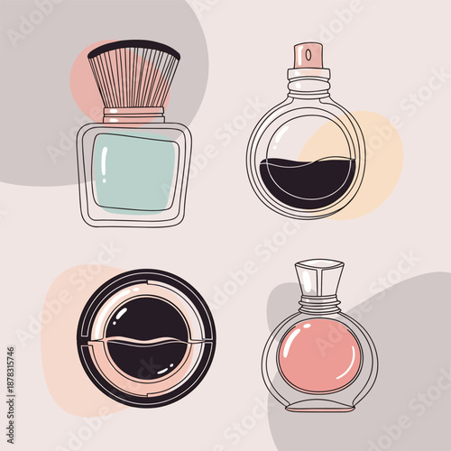 Artistic collection of four elegant perfume and cosmetic bottles with abstract color splashes, exuding fragrance and beauty.