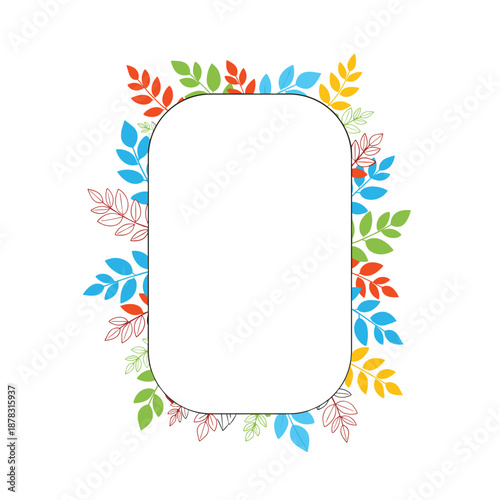 Decorative vertical rectangular frame with rounded corners, beautifully adorned with colorful abstract leaves and foliage.
