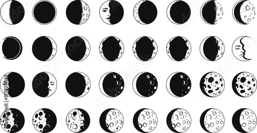 Moon phases icons set in black and white