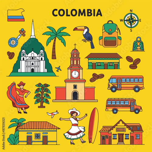 A vibrant digital illustration of Colombia's culture and landmarks