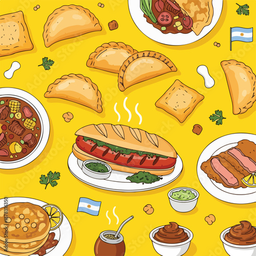 A vibrant digital illustration featuring a variety of traditional Argentine foods