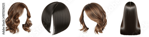 Realistic Women's Hairstyles Set - Collection of Brown and Black Hair Wigs with Wavy and Straight Styles - Isolated on White Background