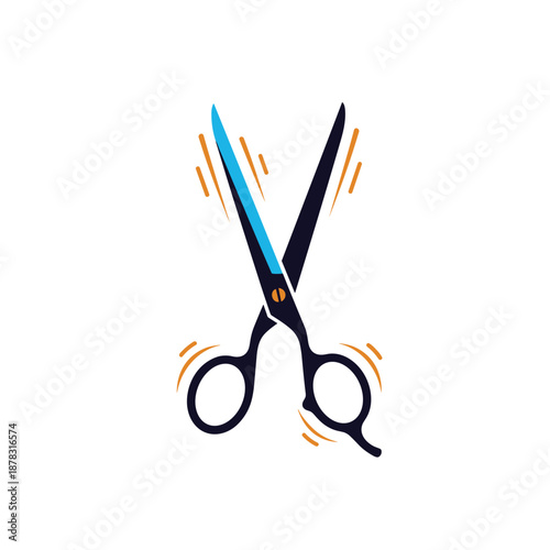 Dynamic illustration of a pair of professional hairdressing scissors with blue blades and orange motion lines.