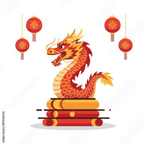 A vibrant dragon on books