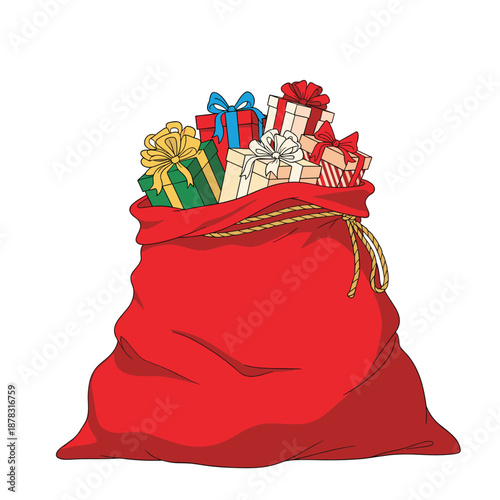 Festive illustration of a big red Santa's sack overflowing with numerous colorful wrapped gift boxes and ribbons.