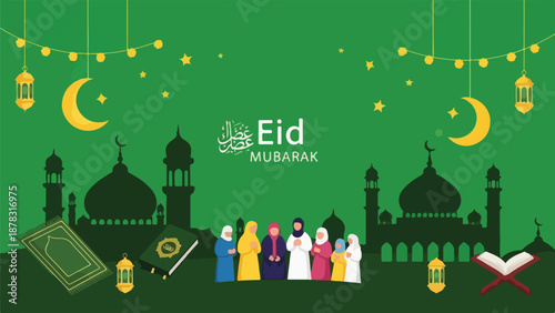 A vibrant Eid Mubarak illustration with mosque silhouettes and lanterns