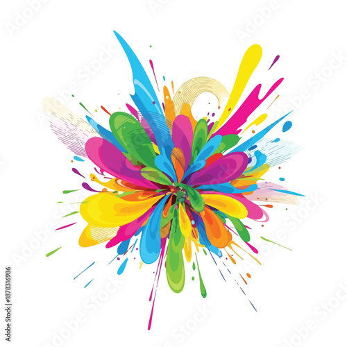 A vibrant explosion of colorful paint splatters on white