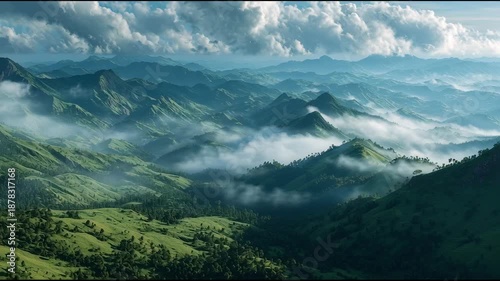 Misty Mountain Landscape with Cloudy Sky.