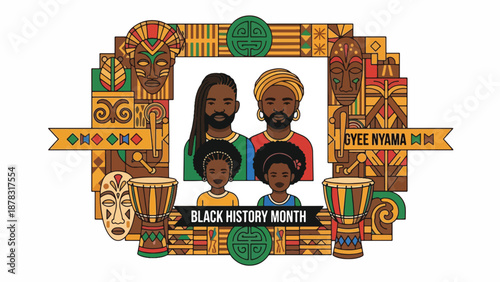 A vibrant illustration celebrating Black History Month with a family