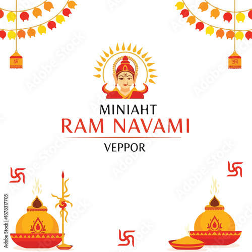 A vibrant illustration celebrating Ram Navami with a deity, lamps, and ornaments