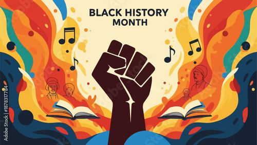 A vibrant illustration of a raised fist surrounded by swirling colors