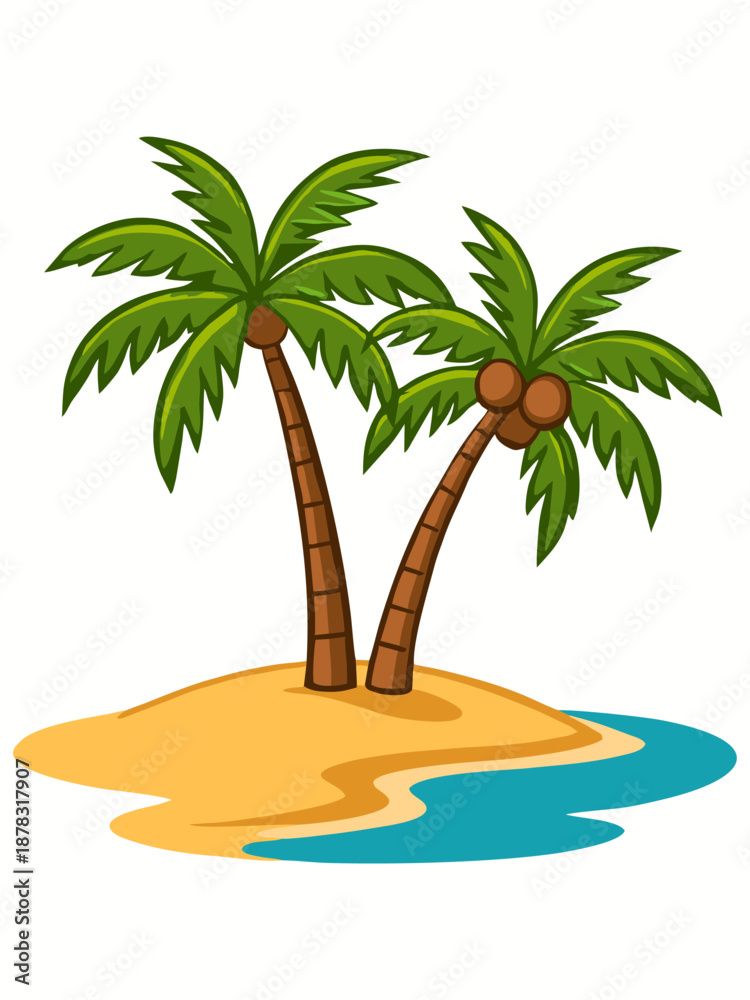 Fototapeta premium Tropical Island with Palm Trees Cartoon Vector Illustration