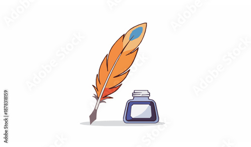Cartoon style colorful quill pen with ink bottle creative writing vector design