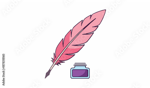 Bright feather quill and inkwell creative stationery flat vector illustration