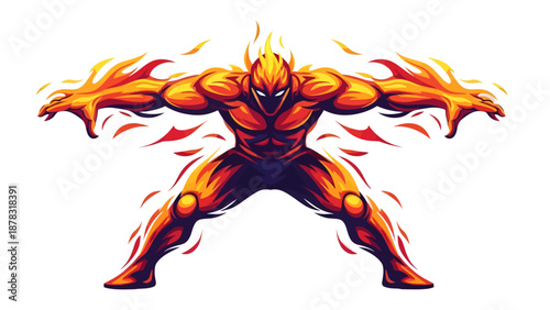 Fiery wrestler vector perfect for sports logos, gaming designs, or event posters. Muscular humanoid figure engulfed in flames.