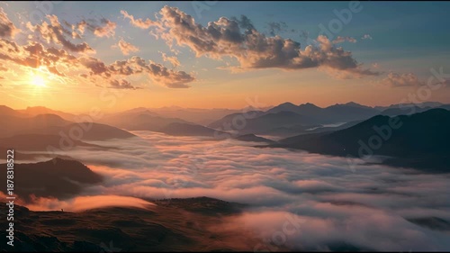 Mountain Landscape with Clouds at Sunrise.