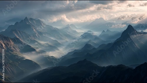 Mountain Landscape with Cloudy Sky and Shadows.