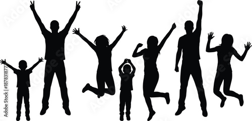 Black Silhouettes of Adults and Children Jumping and Celebrating Depicting Joy, Unity, and Group Happiness