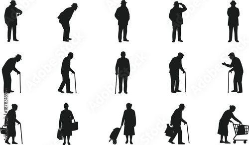 Black Silhouettes of Elderly People in Daily Activities Depicting Mobility, Aging, and Lifestyle Diversity