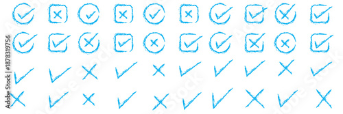 Doodle hand drawn chalk check mark set. sketch check boxes, tick and cross symbols. tick cross signs. Crayon grunge check mark elements. isolated on white background, vector illustration.