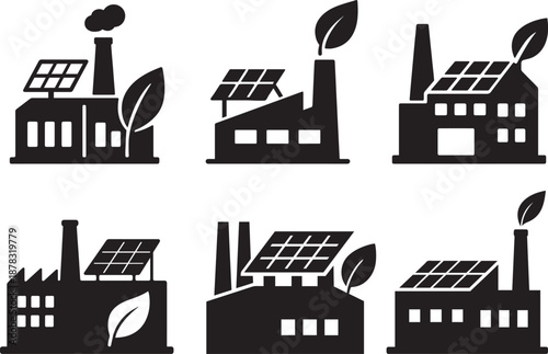 Eco friendly factory emitting leaves instead of smoke icon set with solar panels green energy industrial buildings bundle
