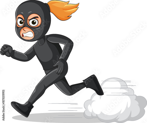 Female Robber in Black Suit Running Fast