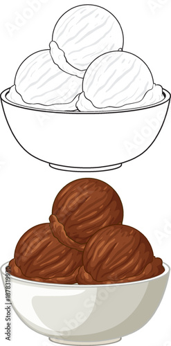 Chocolate Ice Cream Scoops in a Bowl with Line Art Version