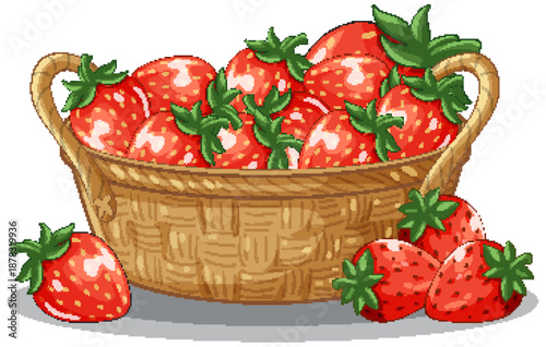 Vector Illustration of Fresh Red Strawberries in a Woven Wicker Basket