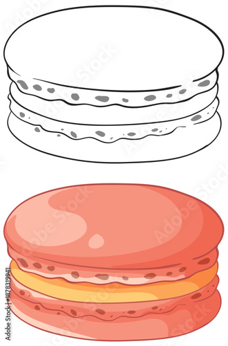 Pink Macaron Vector Illustration with Line Art and Colored Versions