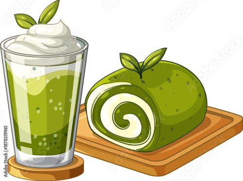 Matcha Green Tea Smoothie and Swiss Roll Cake Dessert Illustration