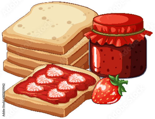 Vector Illustration of Sliced Bread with Strawberry Jam and Fresh Fruit