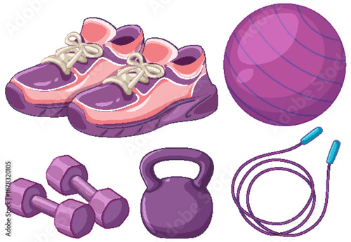Purple and Pink Fitness Equipment Set with Sneakers and Weights