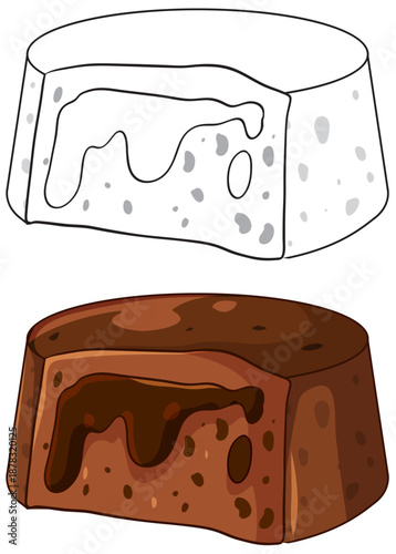 Chocolate Lava Cake Vector Illustration with Color and Line Art Versions