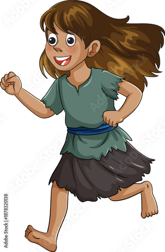 Smiling Barefoot Girl Running in Ragged Clothes
