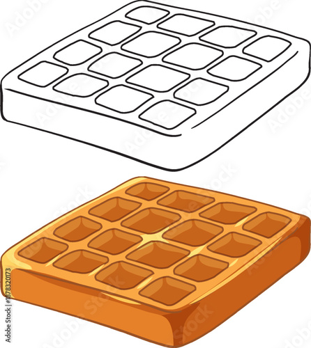 Vector Illustration of a Belgian Waffle in Color and Line Art