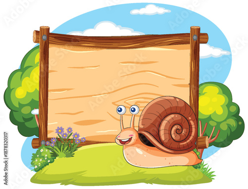 Smiling Cartoon Snail Beside Wooden Sign in Garden