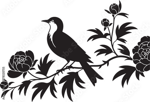 Black bird perched on a branch with flowers and buds