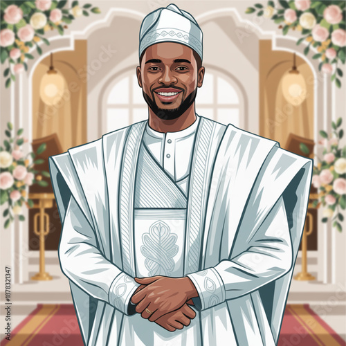 Joyful black man in elegant white traditional attire smiling brightly at a grand celebration